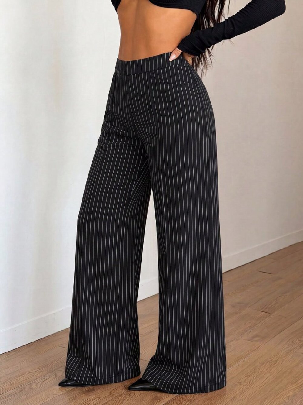 Black White Stripes Elegant Women's Elastic Wide Leg Pants